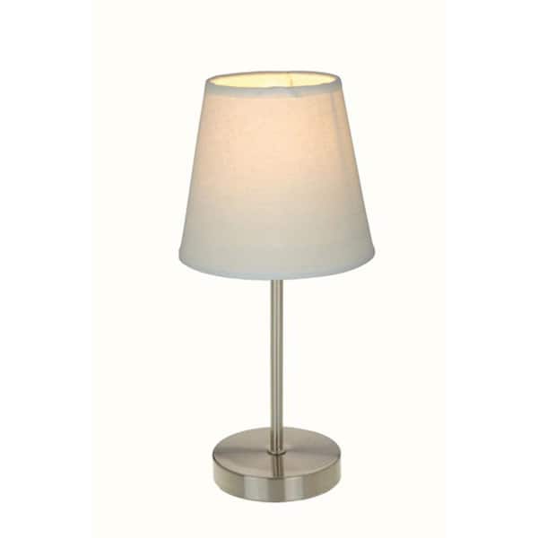 Simple Designs 10 in. Sand Nickel Mini Basic Table Lamp with White Fabric Shade