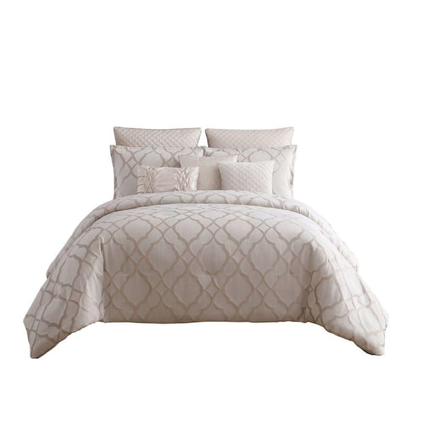 Benjara 9-Piece White Solid Print Microfiber Queen Comforter Set