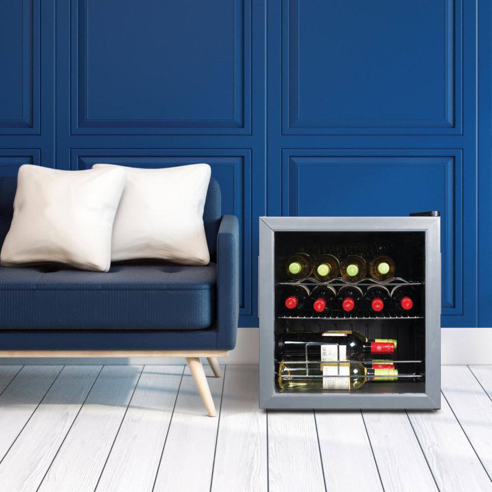 Black Freestanding 14-Bottle Wine Fridge with Chrome Shelving