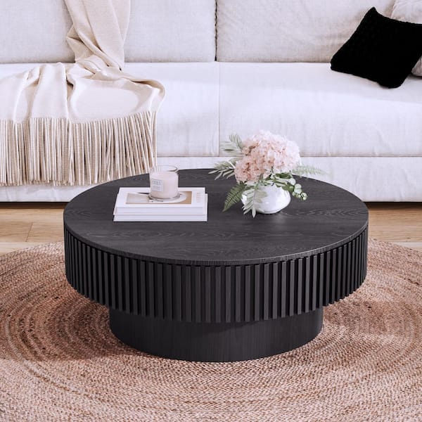 Leigh 31.5 in. Black Round MDF Wood Coffee Table with Storage, Fluted Design