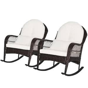 2-Pieces Wicker Outdoor Rocking Chair with White Seat Back Cushions and Lumbar Pillow Balcony Patio