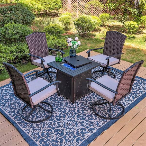 PHI VILLA Black 5Piece Metal Patio Fire Pit Set with Rattan Chairs with Beige Cushion THD5001