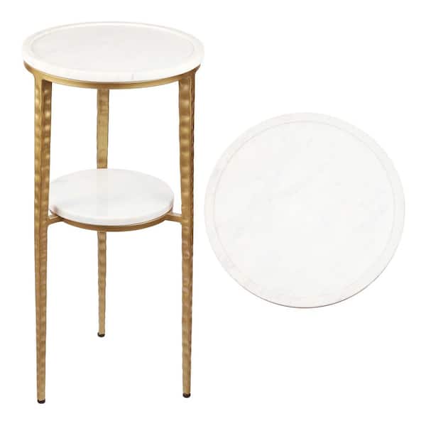 Seraphina 11 in. Industrial 2-Tier Metal Frame Drink Table with White Marble Round Top, Gold/White