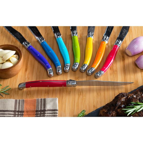 Laguiole By FlyingColors Steak Knife Set, Micro Serrated Blade, Stainless  Steel, Wood Block, MultiColor Handle, 6 Pieces