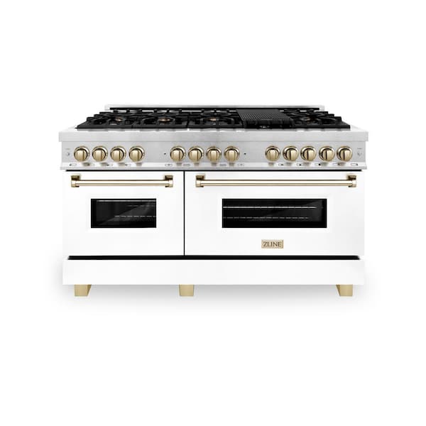 ZLINE Kitchen and Bath Autograph 60 in. Legacy Dual Fuel Range with 9 Burners and 2 Ovens in Satin Steel with White and Gold Accents