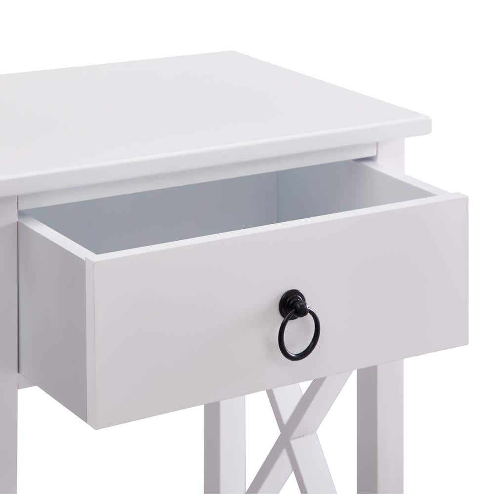 12 in. White Wood Rectangle End Table with Drawer and Shelf