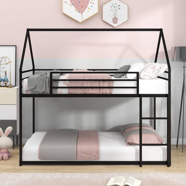 Black Twin over Twin House Bunk Bed with Built-in Ladder