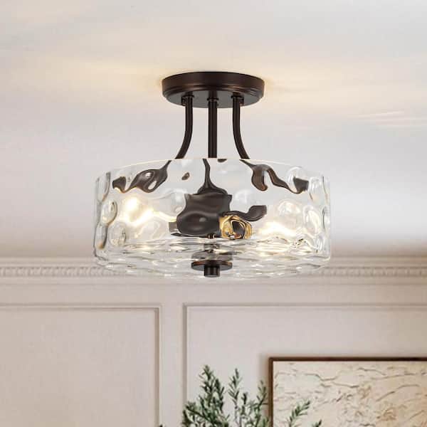 Lumin 2-Light 11.8 in.W Oil Rubbed Bronze Semi Flush Mount Modern Drum with Hammered Water Glass for Kitchen/Hallway