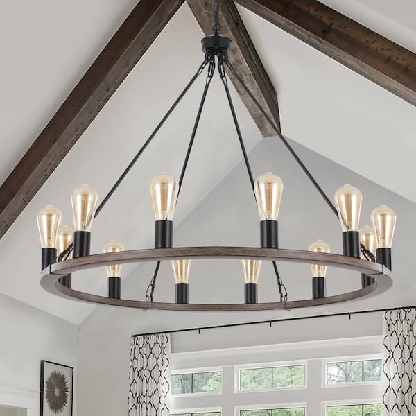 Loughlam 12-Light Black/Brown Farmhouse Candle Style Wagon Wheel Chandelier for Living Room Kitchen Island Dining Room