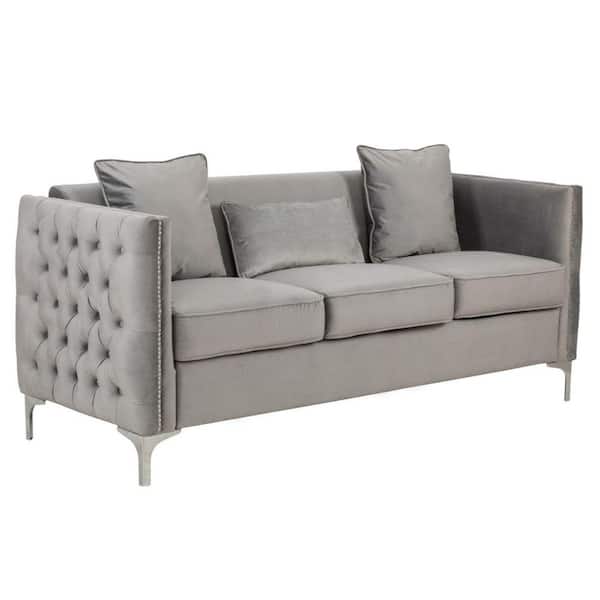 Benjara Gray and Chrome Square Arm Velvet Upholstery Accent Sofa with Handmade Tufting