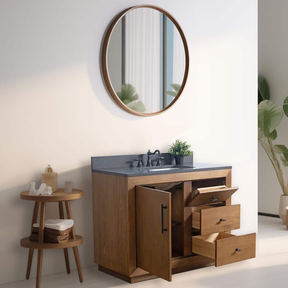 Tan 42" Single Bathroom Vanity with Black Limestone Top