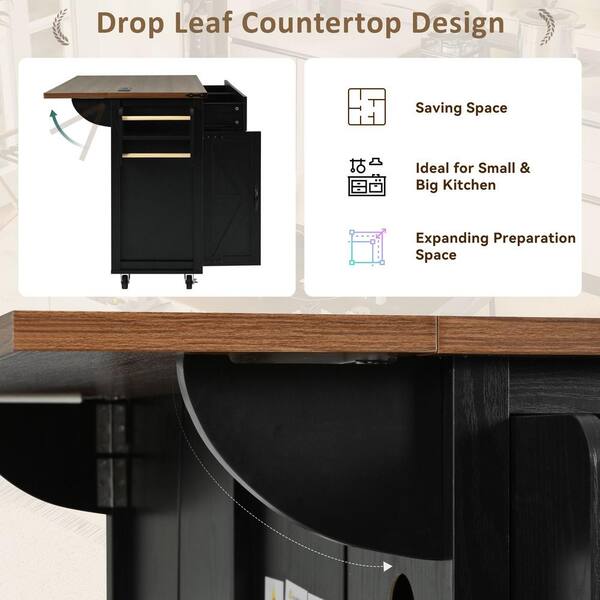 Black Wood 53.5 in. Kitchen Island with Drop Leaf, Rolling Black Wood 53.5 in. Kitchen Island with Drop Leaf, Rolling