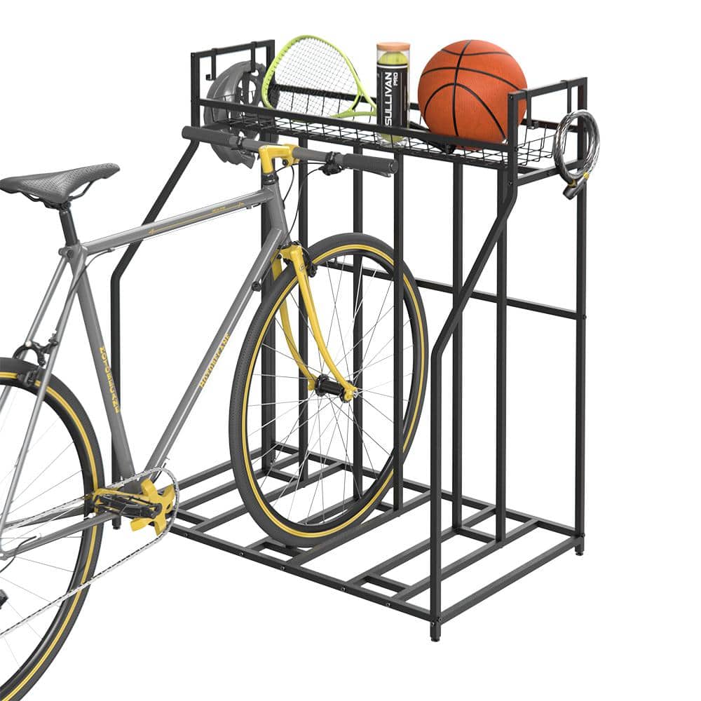 Black Metal Freestanding 3-Bike Storage Rack with Hooks