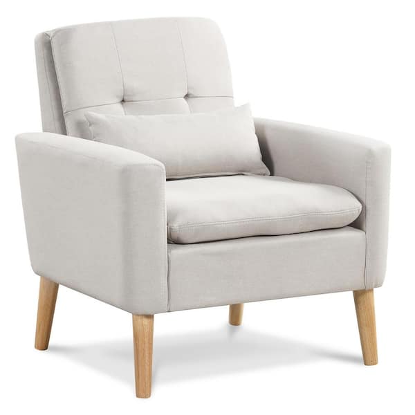 Gymax Beige Linen Fabric Mid-century Modern Accent Chair Reading Armchair with Lumbar Pillow