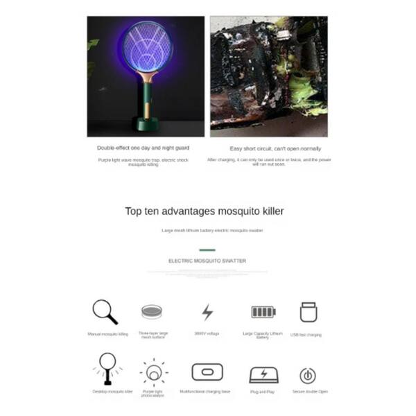 thumbnail image 2 of Electric Fly Swatter Bug Zapper Racket, 3500V Mosquito Killer With USB Rechargeable Flies Killer Pest Control Mosquito Zapper And Insect Catcher Racket For Indoor Home Backyard Patio Outdoor Camping 2 of 13