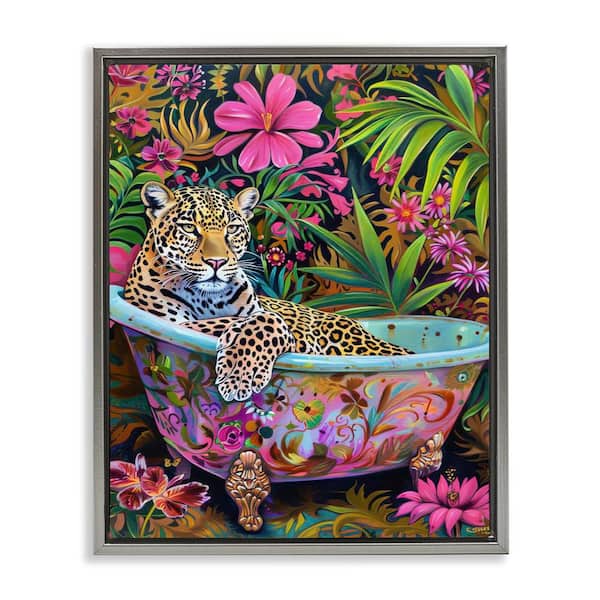 Stupell Industries Tropical Rainforest Leopard Tub by LSR Design Studio Gray Floater Frame Animal Graphic Art Print 31 in. x 25 in.