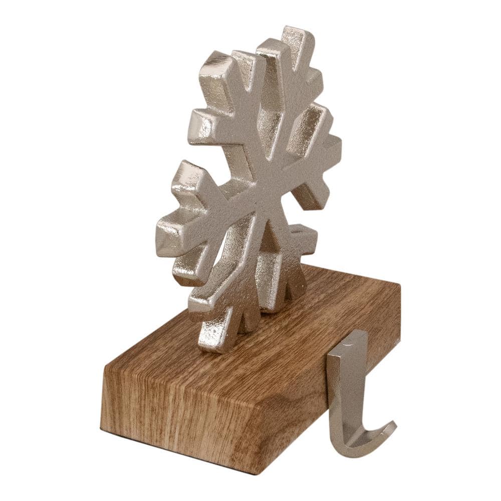 Silver Snowflake on Wood Look Base Christmas Stocking Holder