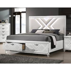 Rusconi White LED Headboard Wood Frame Queen Platforn Bed With 2-Foot Drawers