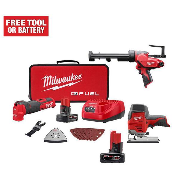 Milwaukee M12 Fuel 12V Li-ion Cordless Oscillating Multi-Tool Kit with 10 oz. Caulk and Adhesive Gun, Jig Saw \u0026 6.0Ah Battery
