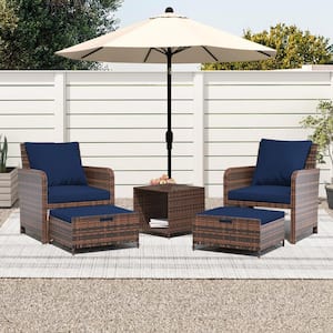 5-Piece Wicker Patio Conversation Set, Outdoor Chairs with Navy Blue Cushions, Coffee Table and Ottomans
