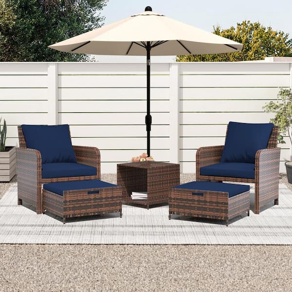 UPHA 5-Piece Wicker Patio Conversation Set, Outdoor Chairs with Navy Blue Cushions, Coffee Table and Ottomans