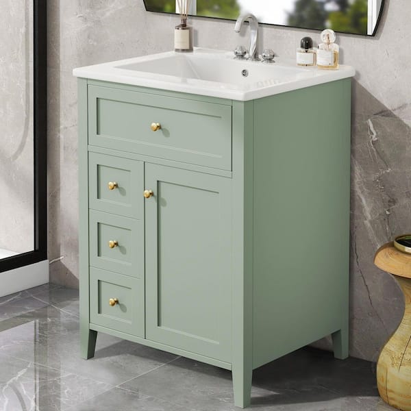 24 in. W Single Sink Freestanding Green Bath Vanity with White Ceramic Top and Drawers, Unassembled