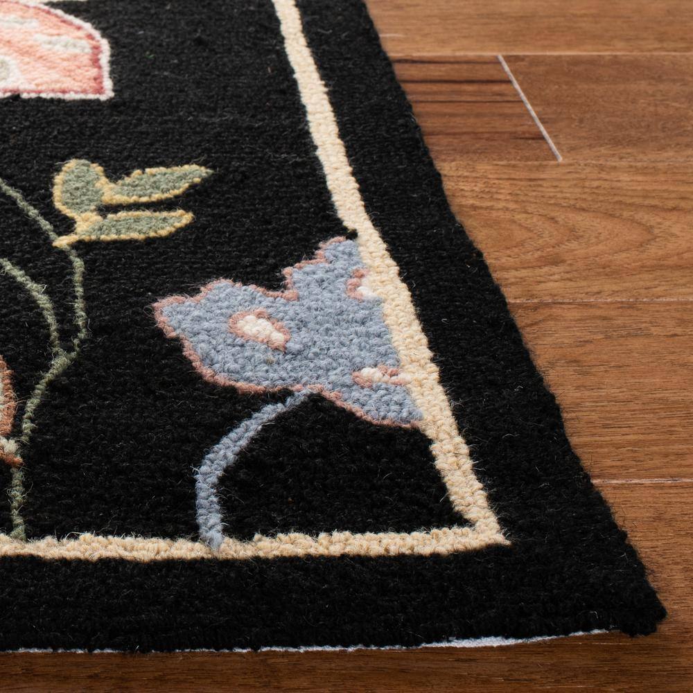 Elegant Floral Black Wool Hand-Knotted Area Rug - 2'9" x 4'9"