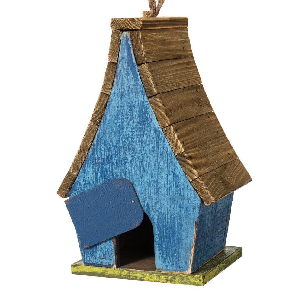 Distressed Blue Wooden Birdhouse with 3D Tree and Slatted Roof
