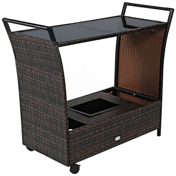 Black Rattan Bar Serving Cart in Brown Kitchen Cart with Glass Top and Handle