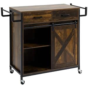 Rustic Brown Farmhouse Kitchen Cart with Adjustable Shelf