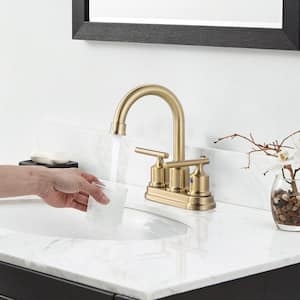 4 in. Centerset Double Handle High Arc Bathroom Faucet with Lift Rod Drain Assembly in Brushed Gold