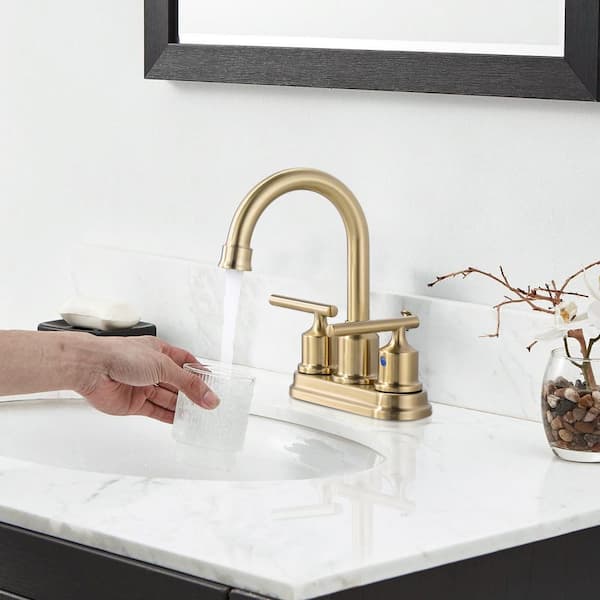 4 in. Centerset Double Handle High Arc Bathroom Faucet with Lift Rod Drain Assembly in Brushed Gold
