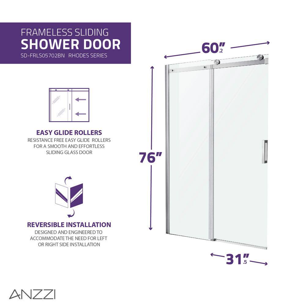 Rhodes 60" x 76" Frameless Sliding Shower Door in Brushed Nickel