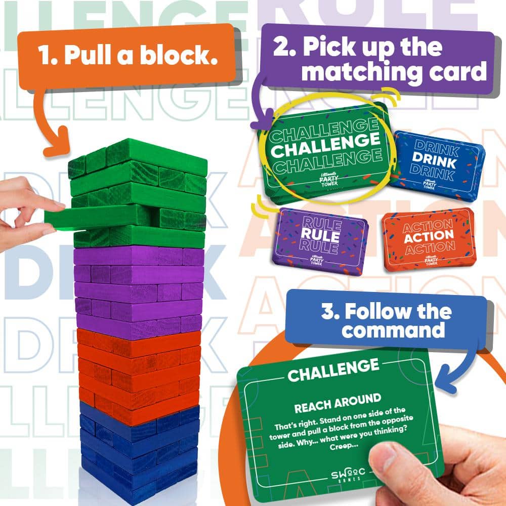Ultimate Party Tower - 100 Original Commands, 60 Blocks and 1000's of Hilarious Rule Combinations - Fun Party Games