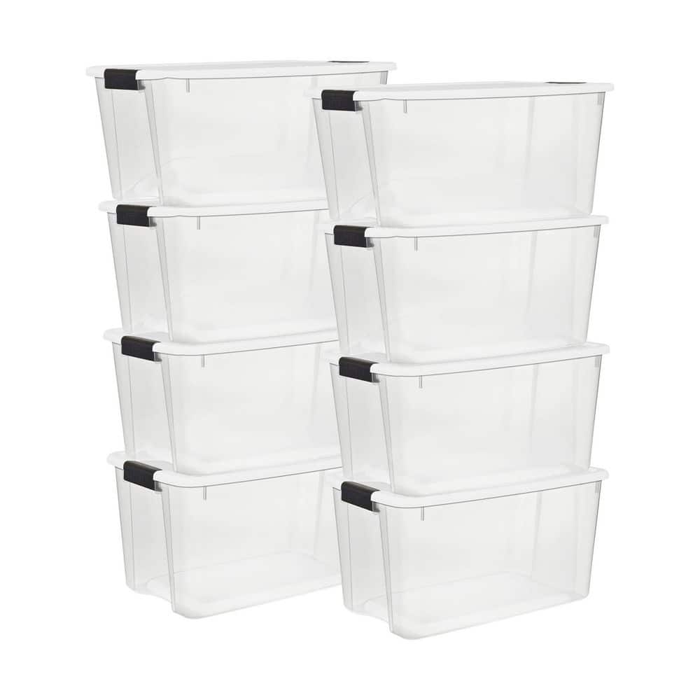70 qt. Clear Plastic Stackable Storage Bin in White Latch Lid 8-Pack