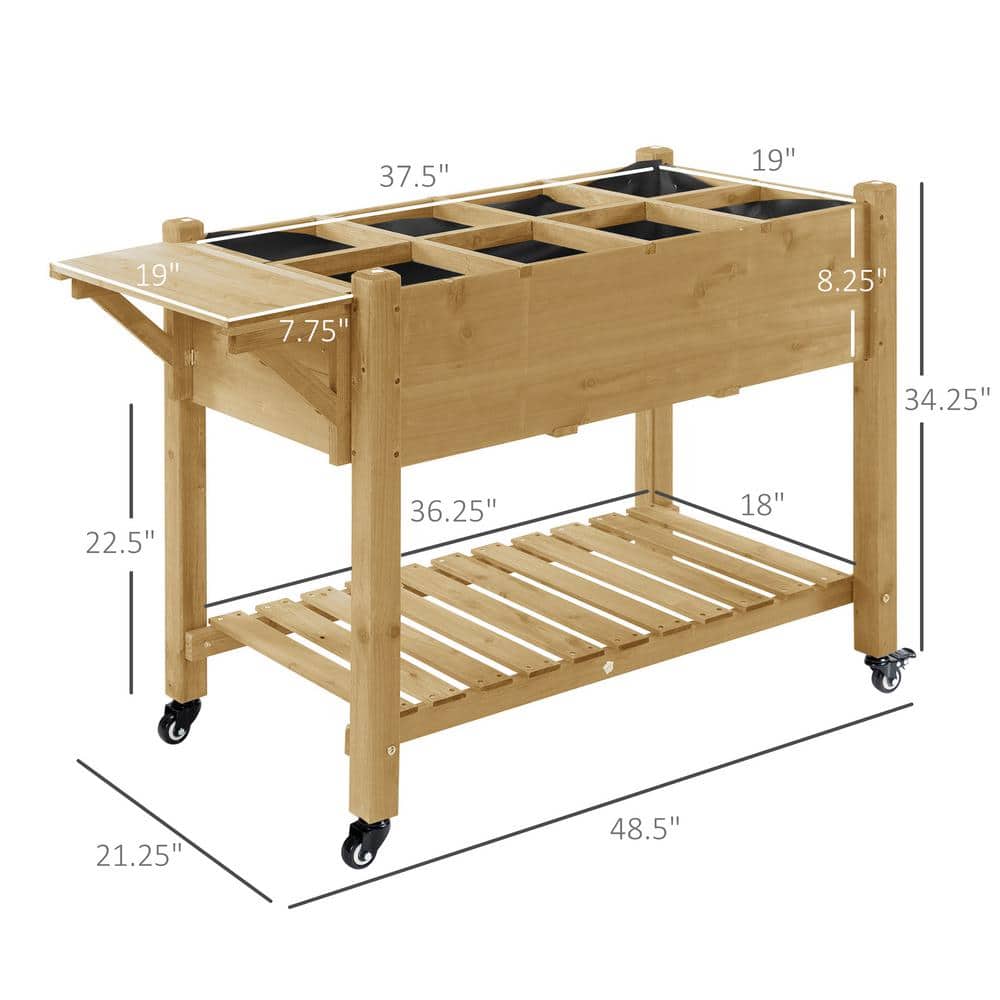 Elevated Natural Wood Garden Bed with Wheels and Storage Shelf