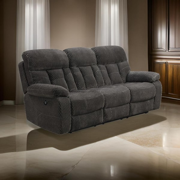 Benjara 87 in. Pillow Top Arm Polyester Rectangle Power Recliner Sofa in Gray