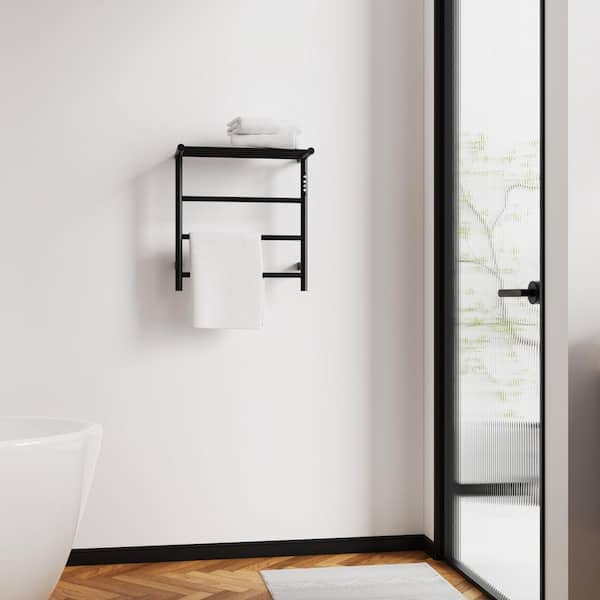 Wall Mounted Heated Towel Rack in Black w/Intelligent Touch Screen Timer,Top Shelf,3-Bar Towel Warmer,Plug-in/Hard-Wired