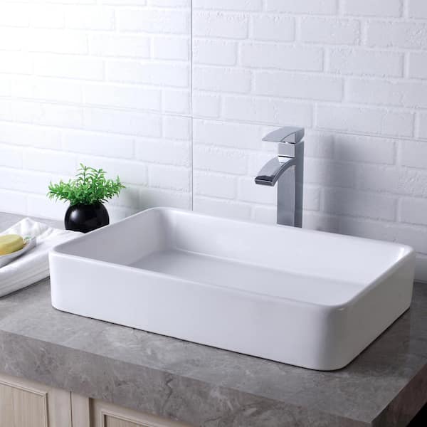 EPOWP Ceramic Rectangular Vessel Sink in White with Art Basin LMP18006XYL -  The Home Depot