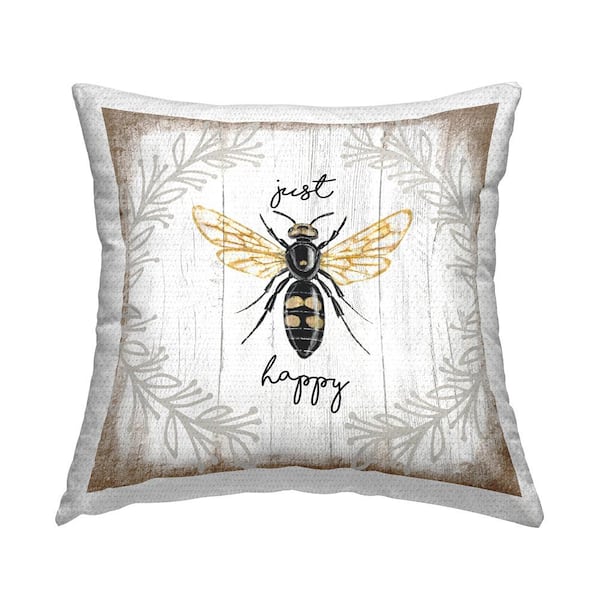 Stupell Industries Just Be Happy Charming Rustic Bee Pun Brown Square Outdoor Throw Pillow