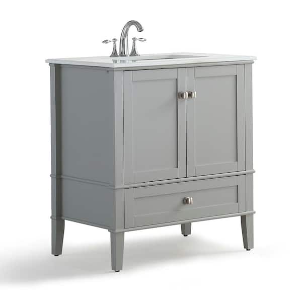 Simpli Home Chelsea 30 in. W x 21.5 in. D x 34.7 in. H Bath Vanity in Grey with Quartz Marble Vanity Top in White with White Basin