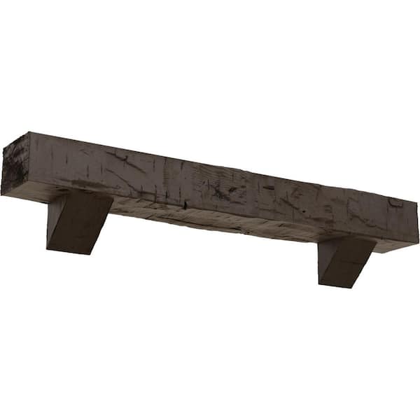 Ekena Millwork 4 in. x 4 in. x 7 ft. Hand Hewn Faux Wood Fireplace Mantel Kit with Breckinridge Corbels, Natural Honey Dew