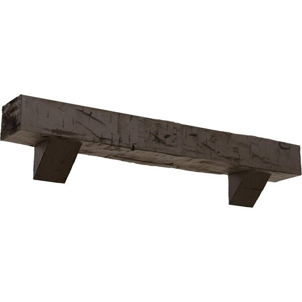 Ekena Millwork 4 in. x 8 in. x 6 ft. Hand Hewn Faux Wood Fireplace Mantel Kit with Breckinridge Corbels, Natural Honey Dew