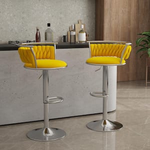 38.7 in. Swivel Adjustable Height Low Back Silver Metal Frame Bar Stool with Yellow Velvet Seat Cushion(set of 2)