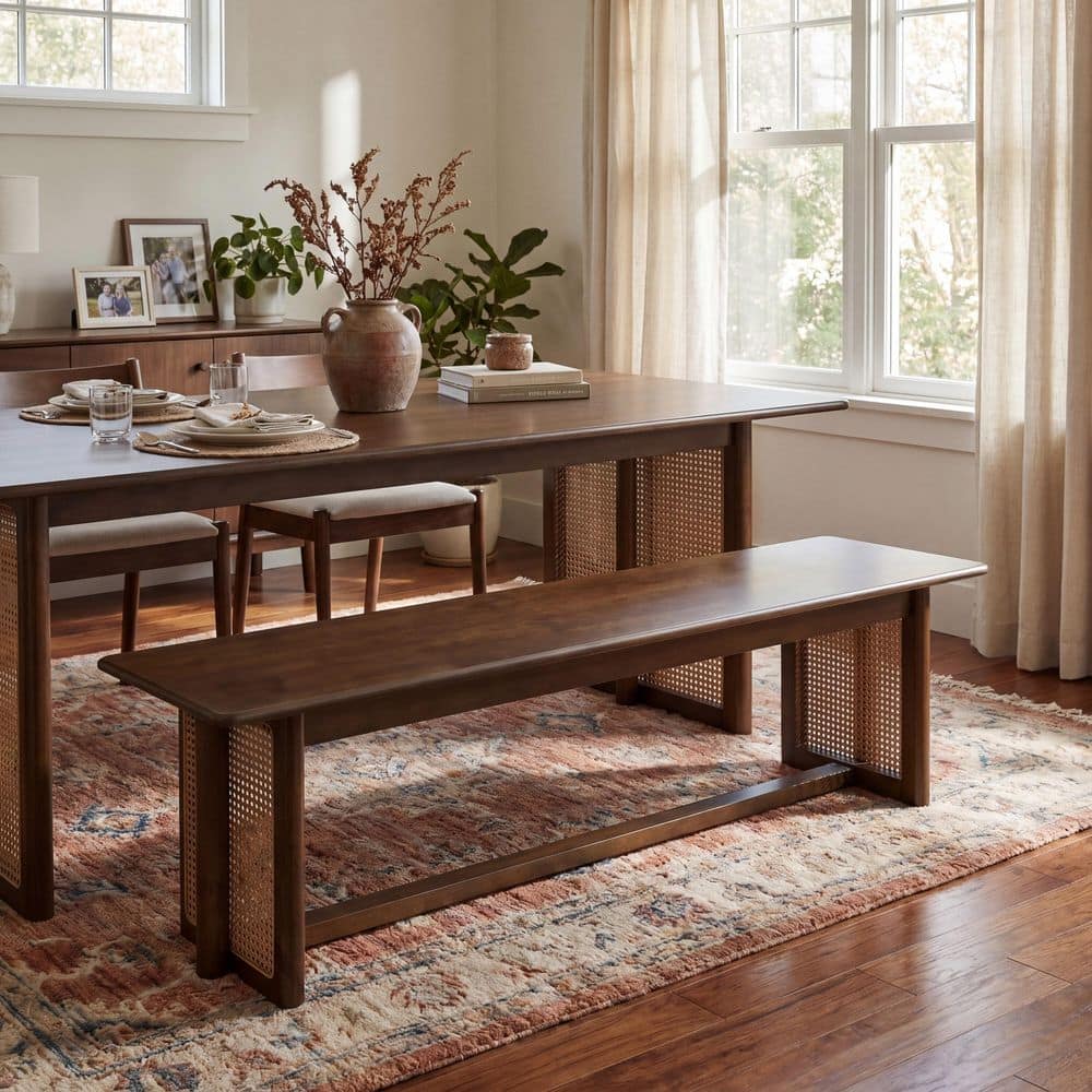 Rubeus 59.06 in. Walnut Wood Dining Bench with Plastic Rattan Weave price history on PriceWatchPro