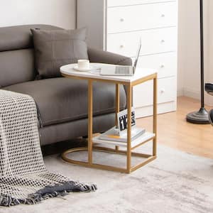 23.5 in. White C-shaped Wood Side Table 2-Tier End Table with Storage Modern Compact Snack Table