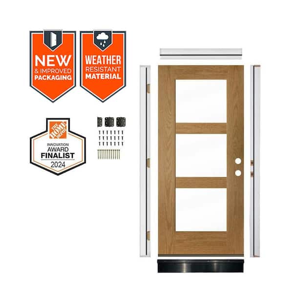 DIY 36 in. x 79 in. 3-Lite Left-Hand Clear Glass Bourbon Stain Fiberglass Front Door Kit w/ Quick Assemble Jamb