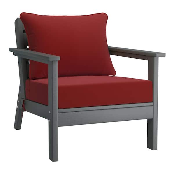WESTIN OUTDOOR Birchwood Outdoor Patio Deep Seating HDPE Plastic Lounge Chair in Grey with Red Cushions
