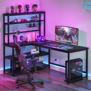 Lantz 55 in. L-Shaped Black Wood and Metal Reversible Large Computer Desk with Wireless Charging and Storage Shelf