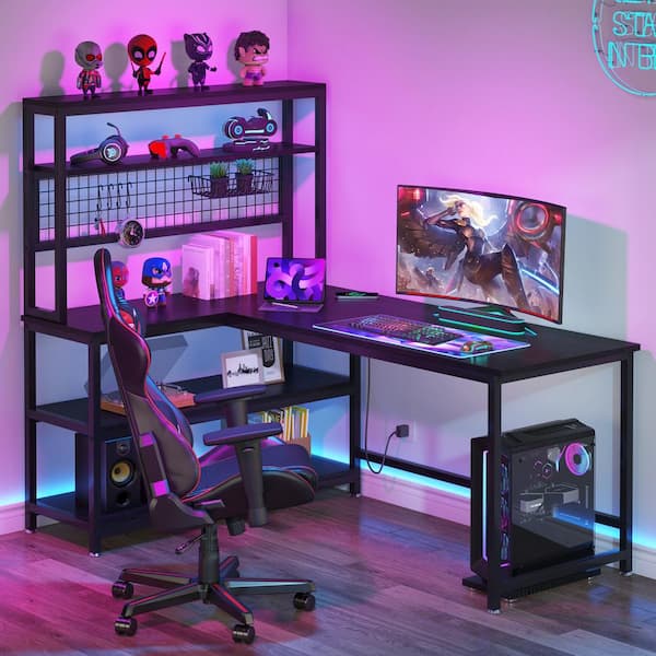 Tribesigns Lantz 55 in. L-Shaped Black Wood and Metal Reversible Large Computer Desk with Wireless Charging and Storage Shelf
